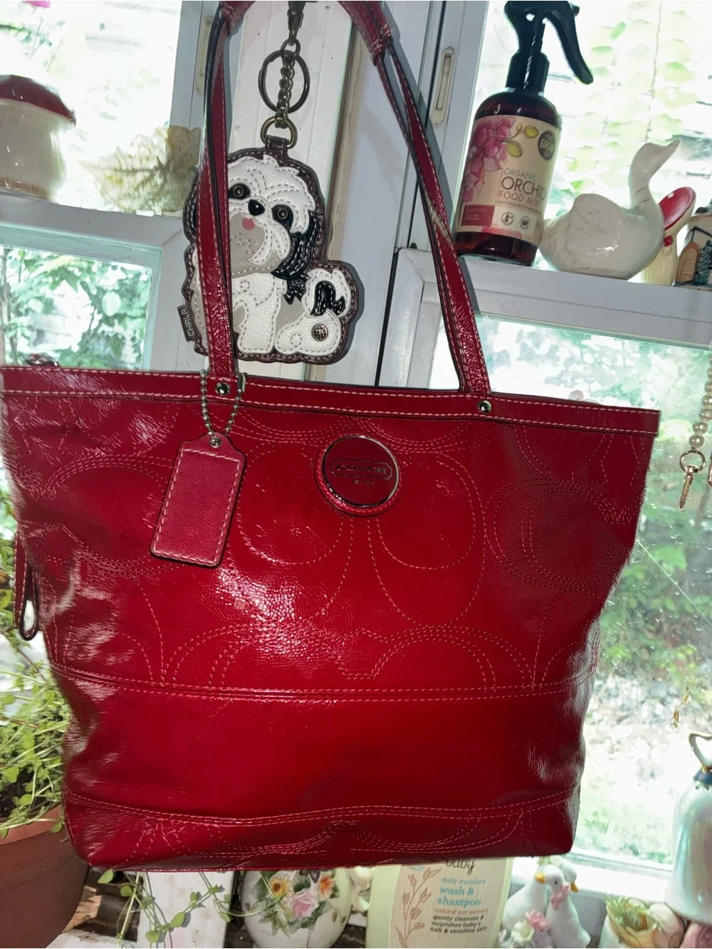 Coach Red Signature Embossed Leather Tote